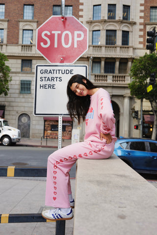 Person in pink outfit sitting on a street corner with a 'Stop' sign and 'Gratitude Starts Here' sign in the background.