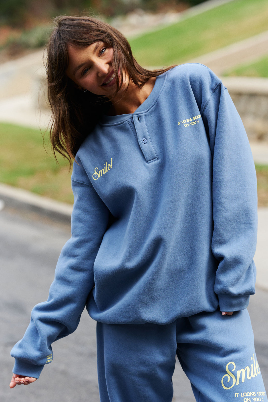 Smile Oversized Henley – The Mayfair Group LLC