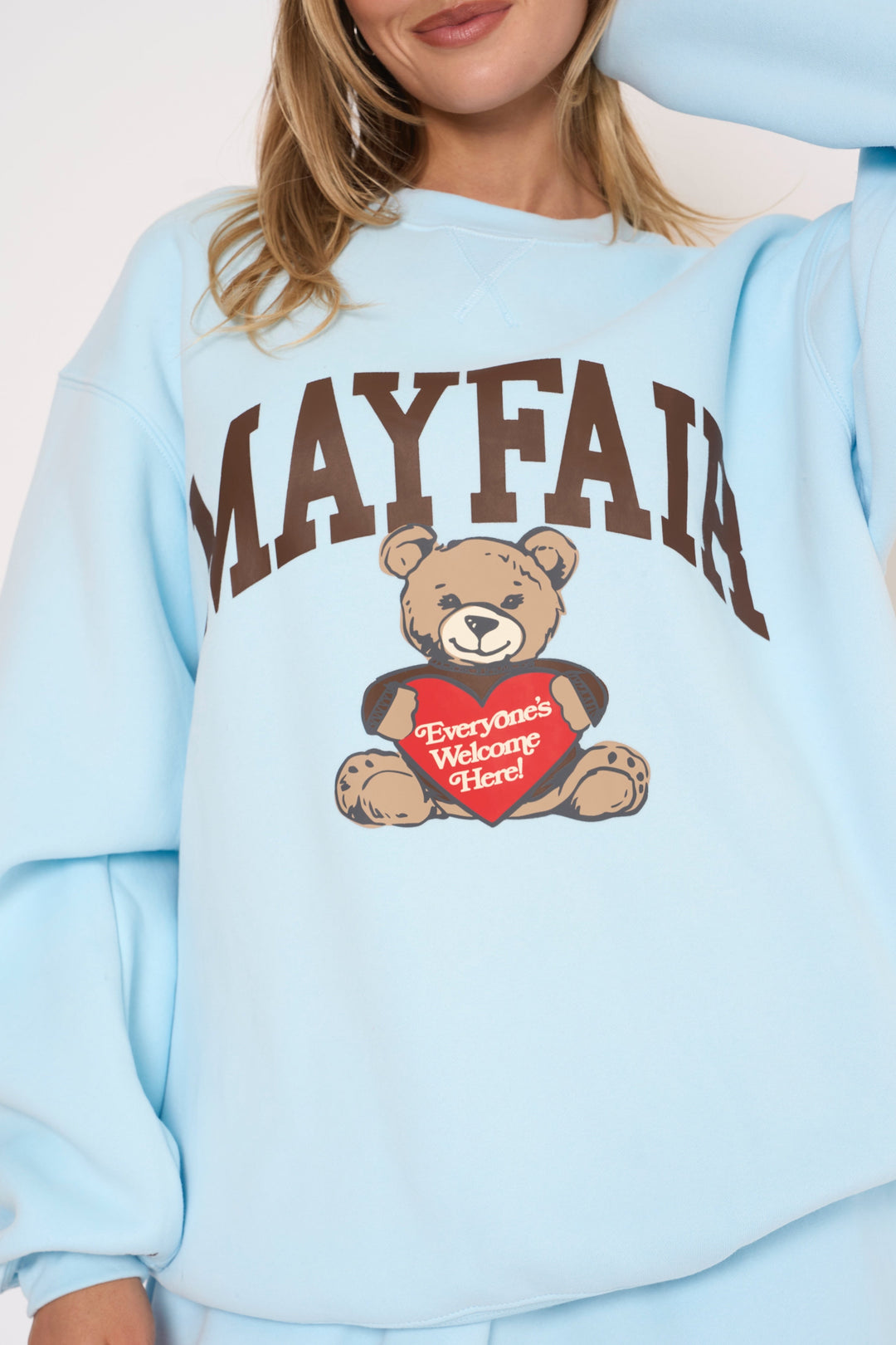 Everyone's Welcome Here Sky Blue Crewneck – The Mayfair Group LLC